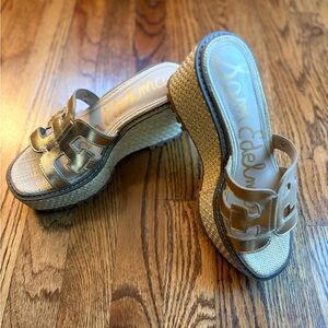 Sam Edelman Laine Platform Wedge Sandals – Gold Leather Raffia – Size 7.5